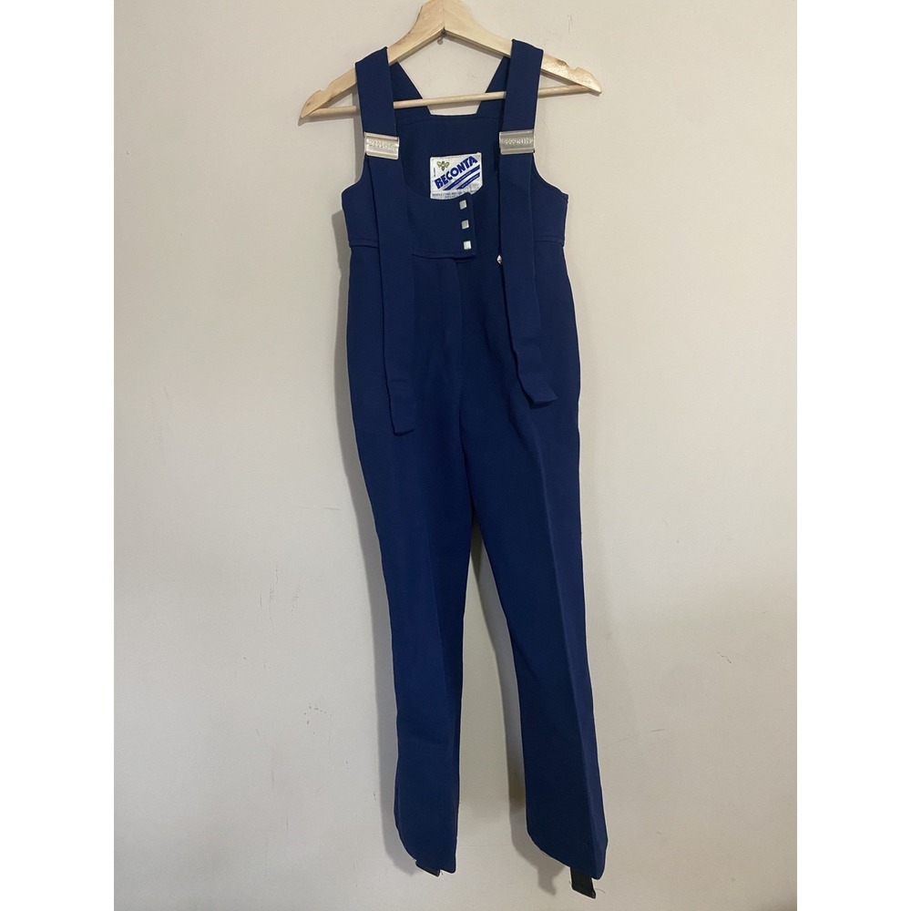 VTG Womens Beconta Size 10R Blue Snow Bibs Nylon Wool Funky Retro Ski Overalls